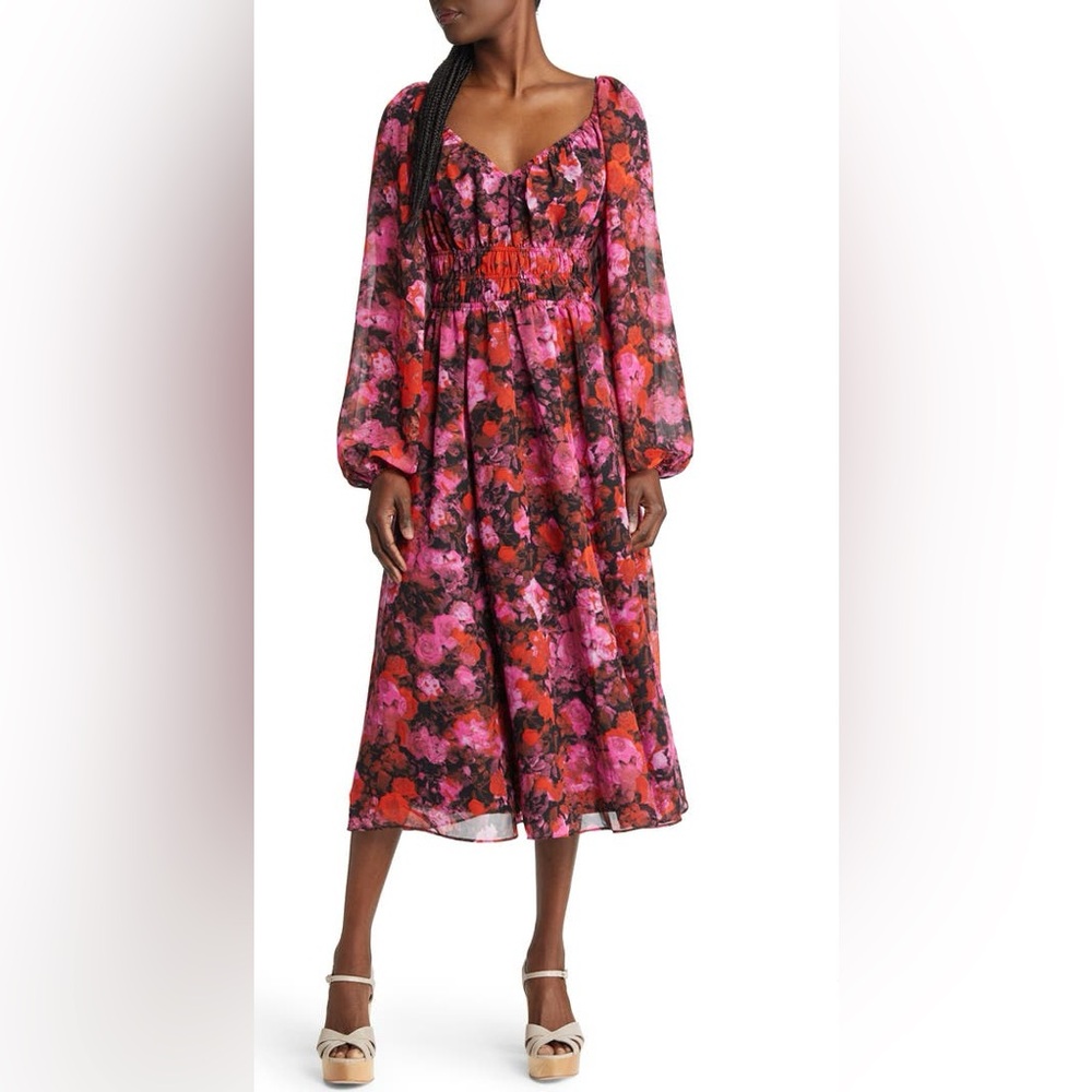 Steve Madden Pink Floral Laine Long Sleeve V Neck Midi Dress Womens Size XS